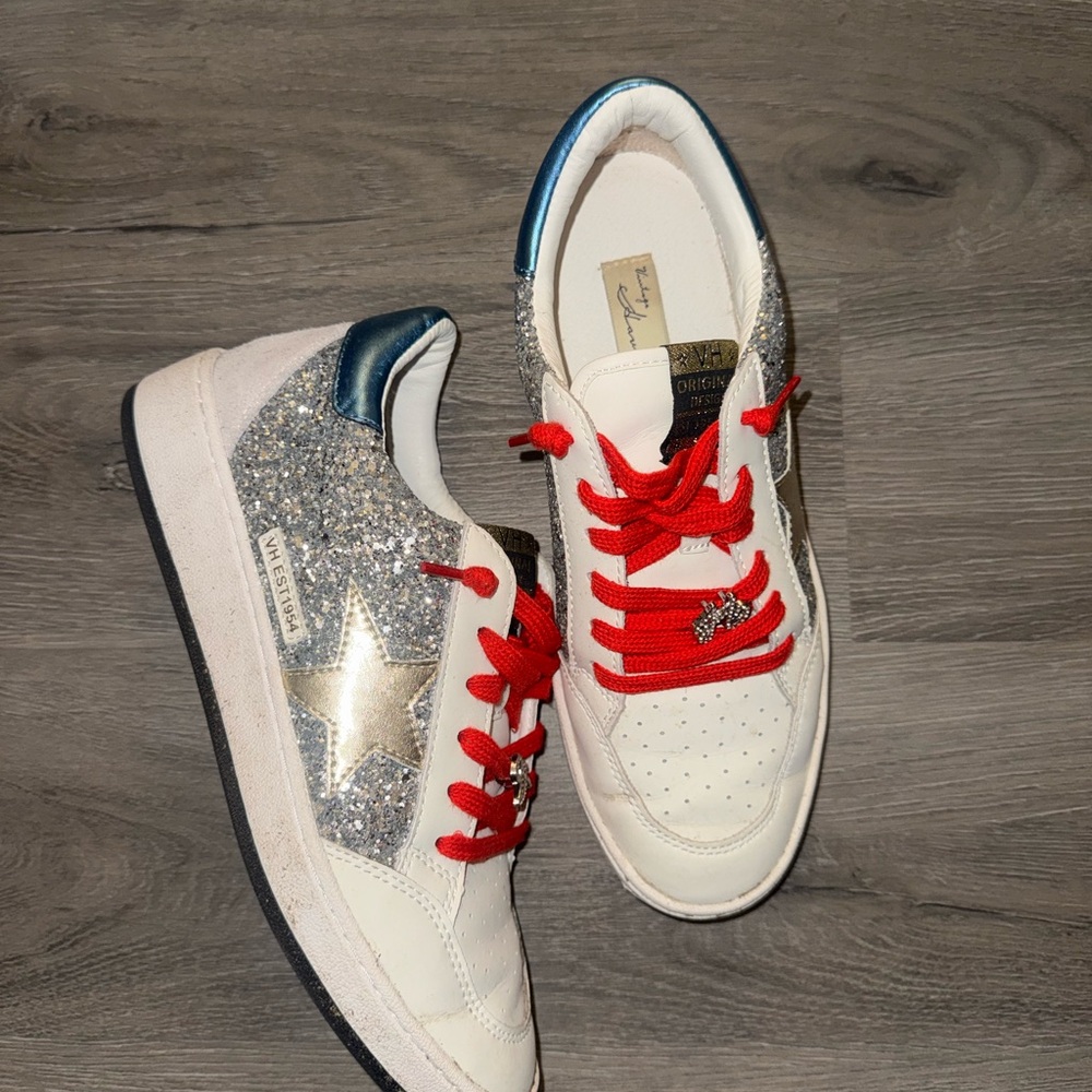 Vintage Havana White and Silver Glitter Sneakers with Red Laces